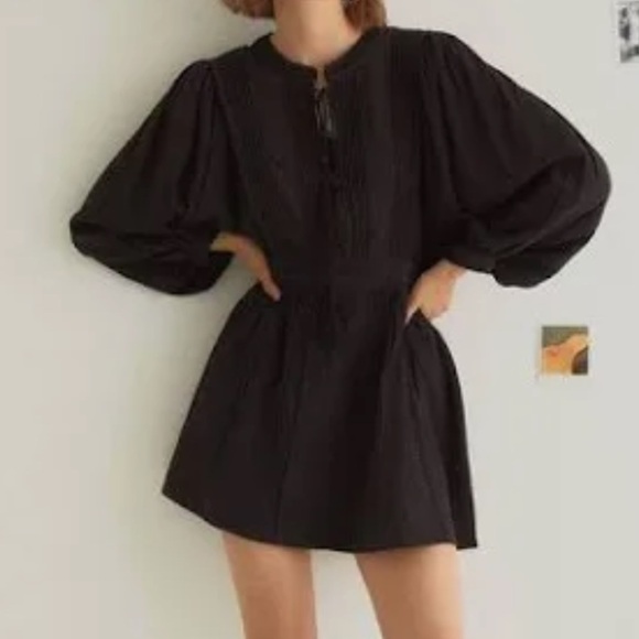 MNG black tie up front Roman dollman sleeves elastic waist Boho dress Sz L - Picture 12 of 15